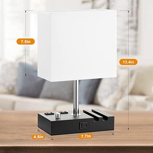 White Bedside Table Lamps Set of 2 - Dimmable, USB C+A, 2 AC Outlets