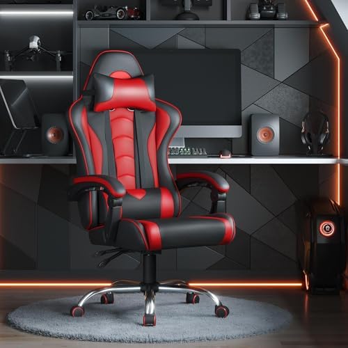 Yaheetech Gaming Chair with Massage Lumbar Pillow High Back Reclining Red