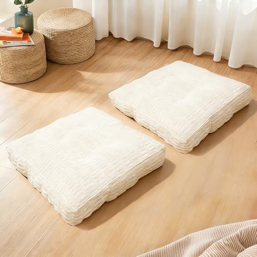 Floor Cushions, Corduroy Floor Pillow, Floors Pillows for Adults & Pets, Large Floors Pouf, Square Floored Pillows for Sitting & Yoga(2PC, Beige White，22"×22"×5.9")