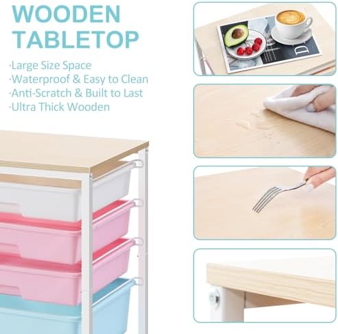 SYKIARIOL Utility Cart with 5 Drawers with Wooden Top, Rainbow