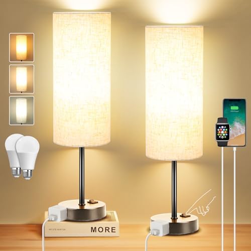 ZJOJO Table Lamp for Bedroom 2 Pack,18in Bedside Lamps with 3 Way Dimmable Rocker Switch & AC Outlet,Nightstand Desk Lamp with Flaxen Fabric Shade Black Base for Living Room Home Decor Lights
