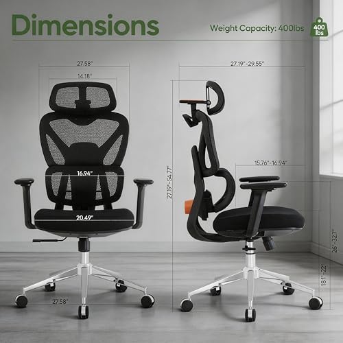 Ergonomic Mesh Office Chair, Desk Chairs with Adjustable Lumbar Support, 4D Flip-up Arms & 3D Headrest, Comfy High Back Breathable Mesh Computer Chair for Home Office, 400lbs (Black)