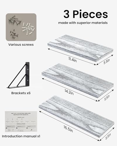 BAYKA Wall Mounted Floating Shelves (Gray and White, Set of 3, 16" Mixed)