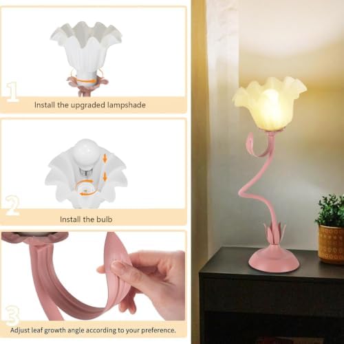 Cute Flower Desk Lamp, 3 Color Temperature Table Lamps with LED Bulb, Vintage Bedside Lamp, Reading Lamps with Soft Light for Bedroom, Living Room（Pink）