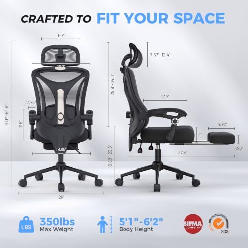 CYKOV Ergonomic Office Chair with Footrest, Reclining Mesh Back, 350 Lbs