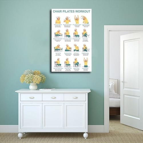 Chair Pilates Workout Seated Full Body Exercise Chart Sitting Core Flexibility Routine for Home Canvas Poster Wall Art for Living Room Bedroom Decor Frame 16x24inch