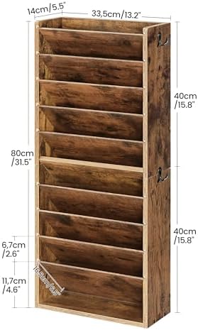 CHOEZON Wall File Organizer, 10-Tier Hanging Mail Organizer, Wall Mount File Holder with 4 Side Hooks, Mail and Storage Organizer, Wooden Vertical Hanging Holder for Office, Rustic Brown MWJ03FG