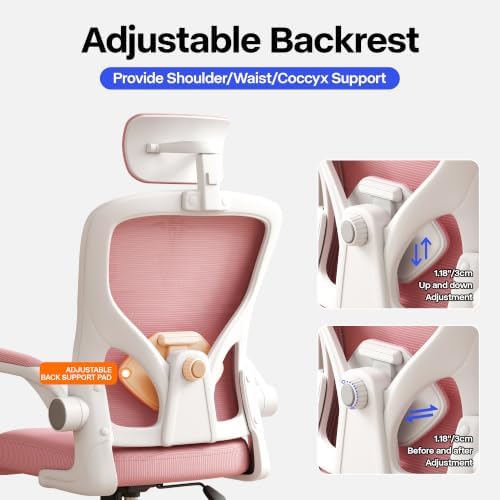 Office Chair, Ergonomic Desk Chair with Adjustable Lumbar Support, High Back Mesh Computer Chair and Headrest, Comfortable Gaming Chairs Rolling Swivel Task Chairs Flip-up Arms(Pink)