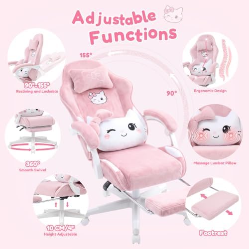 Pink Cat Gaming Chair,Ultra Soft Cute Microplush Fleece Office Desk Chair