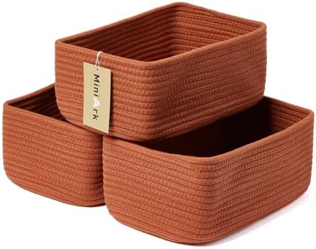 MiniArk Small Storage Baskets for Organizing | Closet Organizer Bins | Shelf Toy Basket | Woven Rope Baskets | Cube Decorative Box | Shallow Basket | 11.5x7.5x4.7” | 3 Packs Oxide Red
