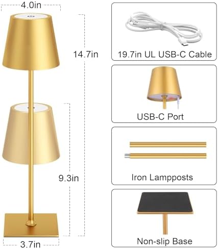 Kakanuo Gold Cordless Rechargeable Table Lamp 5000mAh Battery Operated Lamps, 3 Colors Stepless Dimming Touch Lamp for Living Room, Kitchen Counter, Dining, Outdoor Patio, 2 Pack
