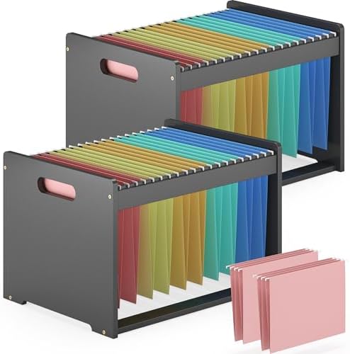 Bamboo Hanging File Box Organizer, Wood File Folder Storge, Black, 2 Pack