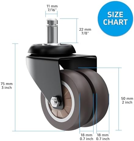 2 Inch Low Profile Office Chair Casters 650 lbs, Set of 15 (Grey)