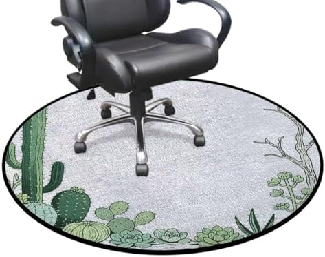 Cactus Succulent Round Chair Mat for Hardwood Floors, Line Art Style Non-Slip Office Desk Chair Cushion Protector,Protect The Floor from Scratches Green White Diameter 55 in