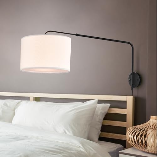 Coby Adjustable Sconce, Wall Mount Light with Telescopic Swing Arm, Matte Black Finish with 2 Linen Shades Included