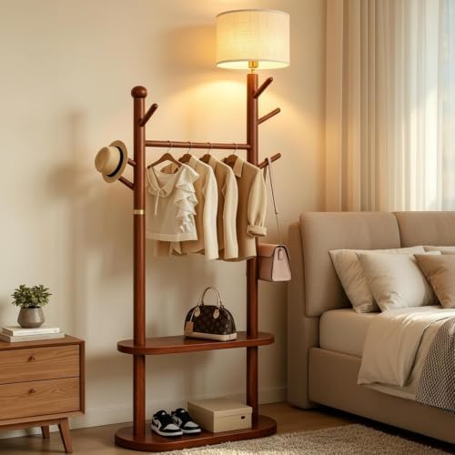 Wood Coat Rack Floor Lamp, Standing Lamp with Double Storage Shelves