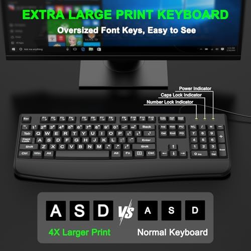 QUASIO Large Print Keyboard, 2.4G Full-Sized Ergonomic WiredComputer Keyboard with Wrist Rest for Windows, Mac OS Laptop/PC/Desktop/Notebook(Large Print Black)