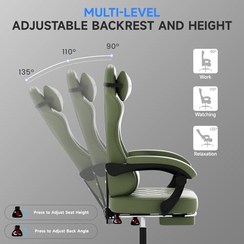 Gaming Chair with Footrest, Ergonomic Leather Computer Chair with Lumbar Support, Height Adjustable High Back Swivel Office Chair for Adults, Gamer Chair for Gaming, Working,Green