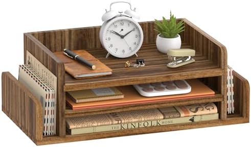 Wooden Desk Organizer, 3-Tier Paper Trays with 2 Mail Sorters, Dark Brown
