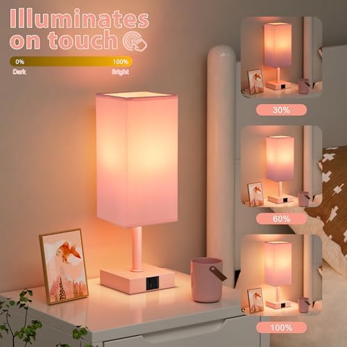 Touch Table Lamp for Bedroom - Dimmable, USB C+A, Pink Lamphade Pink Base