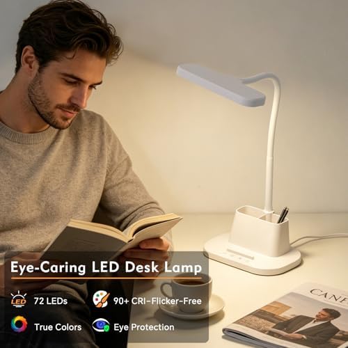 LED Desk Lamp for Dorm Small Desk Lamp with Pen Holder 5 Color Modes White