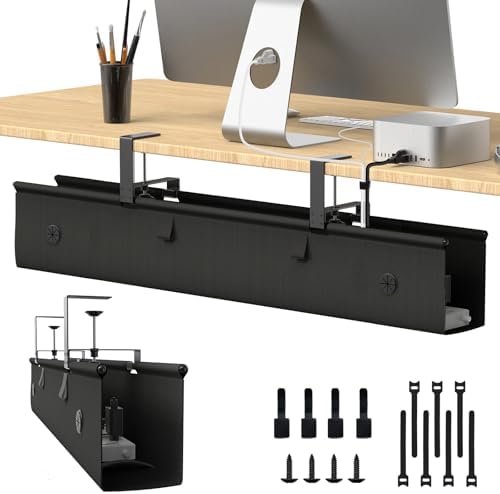Under Desk Cable Management Tray, 40-inch No-Drill Cord Organizer with Anti-Sag Reinforced Base, Fabric Wire Management Hider for Standing Desk, Office & Gaming Accessories - Black