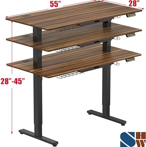 SHW 55 x 28 Electric Height Adjustable Standing Desk w/Drawer, Walnut
