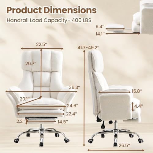 Big and Tall Office Chair with Flip Arms and Footrest, Teddy Criss Cross Legged Home Office Desk Chair with Pet Seat, Comfy Reclining Computer Gaming Chair, White