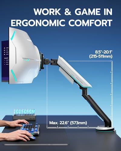 Single Gaming Monitor Arm for 24"-57" Screens, Up to 60 lbs, White