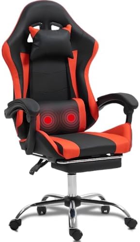 Massage Gaming Chair with Footrest，Ergonomic Video Game Chair for Adults Kids, Adjustable Headrest & Lumbar Support, 90-135° Recline, 360° Swivel, for Gaming Room Home Office Bedroom, Red