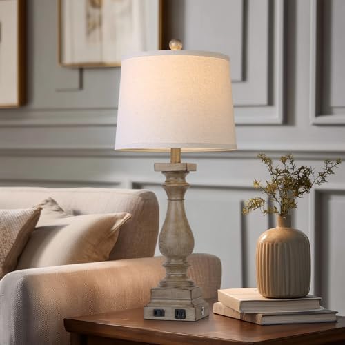28" Tall Farmhouse Table Lamp with USB C+A Ports and AC Outlet, 3 Way Touch Control Rustic Bedside Lamp for Bedroom, Brown Vintage Nightstand Lamp for Living Room Office