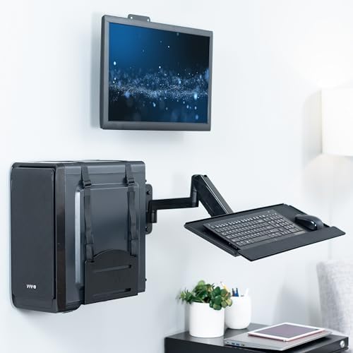 VIVO Sit-Stand 17 to 32 inch Single Monitor Wall Mount with Pneumatic Arm Keyboard Tray and PC Wall Mount Combo, Max VESA 100x100mm, Black, MOUNT-VWKB1P