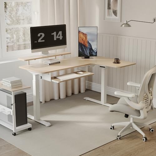 EUREKA ERGONOMIC 55 Inch L Shaped Electric Standing Desk, Height Adjustable Computer Gaming Desk with Keyboard Tray, Mouse Pad,Home Office Work,Maple Wood, Right Side
