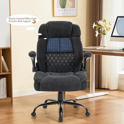 Massage Office Chair,500LBS Ergonomic Rocking Executive Desk Chairs with 4 Points Vibration&Heat,Padded Flipup Armrests for Big and Tall Office Chair,Swivel Computer Chair LightBlack
