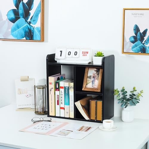 TQVAI Wood Desktop Bookshelf, 3 Cube Storage Unit Multipurpose Open Storage Shelves for Books, Office Supplies, Plants and Decor, Freestanding Desk Shelf Organizer for Office Home Study Room, Black