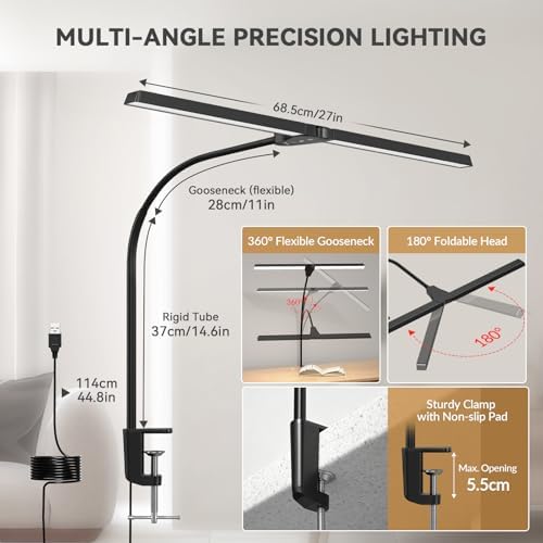 Lustaled 27″ Double Head LED Desk Lamp with Clamp for Office 10W Dimmable