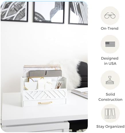 BLU MONACO | White Wooden Desk Organizer & Mail Organizer with Drawer & Gold Handle | Mail Sorter Countertop | 6 Compartments | White Desktop Organizer for Desk