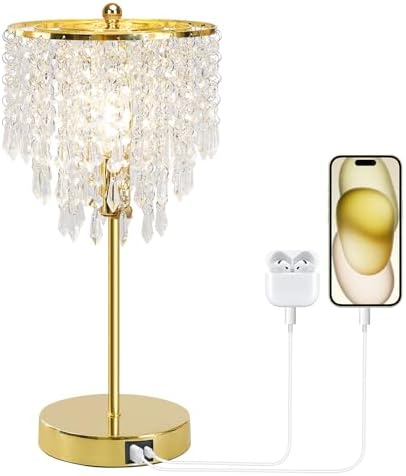 Crystal Table Lamp with USB C+A Ports, 3-Way Dimmable Touch Lamp, Gold Lamp
