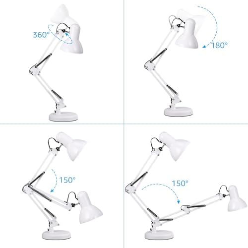 TORCHSTAR Metal Desk Lamp, Adjustable Swing Arm, E26, White (Pack of 2)