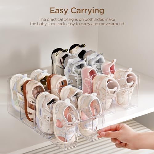 HBlife Clear Acrylic Kids Shoe Rack for Closet Organizers and Storage, Small Shoe Rack 4 Sections Toddler Baby Shoe Storage Organizer Stackable Shoe Shelf,Desk File Sorter Book Purse Organizer(2 Pack)