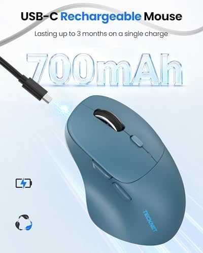 TECKNET Wireless Mouse Bluetooth 5.0/3.0 & 2.4G Rechargeable, Silent Clicks, Adjustable 4800 DPI, 6 Buttons, Ergonomic Design, Bluetooth Mouse for Laptop, Computer, ipad - Blue