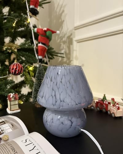 ONEWISH Mushroom Lamp Small Bedside Table Lamp-Nightstand Nightlight Dimmable Stepless, Translucent Glass Desk Lamp for Bedroom Dorm Living Kitchen, Murano Style Aesthetic Cute Home Decor(Blue)