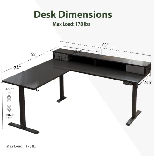 Agilestic 63 Inch L Shaped Electric Standing Desk with Drawer, Black