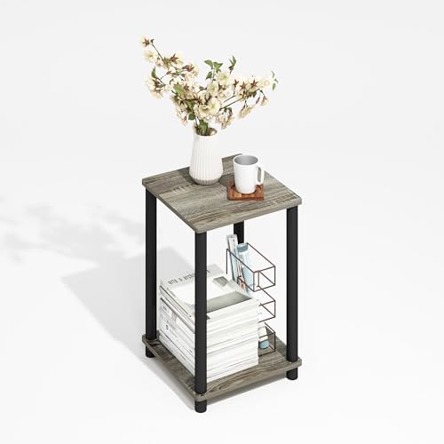 Furinno Modern Toolless 2-Tier Side Table, Open Shelf, Grey Oak