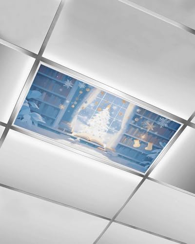 Christmas Magnetic Fluorescent Light Covers for Ceiling Lights 2 x 4 Feet,Xmas Tree Snowflake Snowman Cartoon Blue Office Classroom Kitchen Drop Ceiling Light Covers Filters Shade Panel 1 Pack