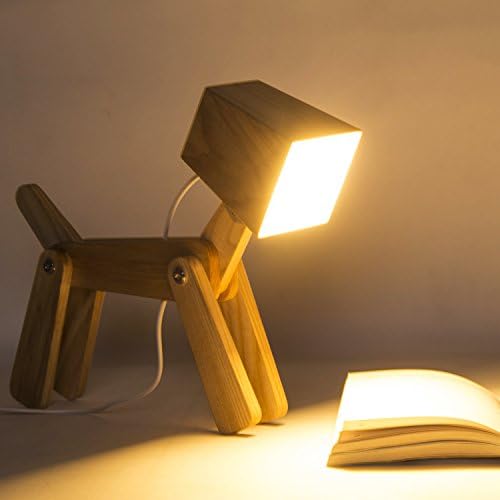 Super Cute Dog Table Lamp for Kids Room Bedroom Bedside, Wood Color