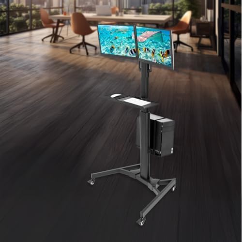 Mount-It! Dual Monitor Computer Cart – Mobile Standing Desk with Wheels, Rolling Workstation with Keyboard Tray, CPU Holder, and Adjustable Screen Mount for Office, Medical, or Warehouse