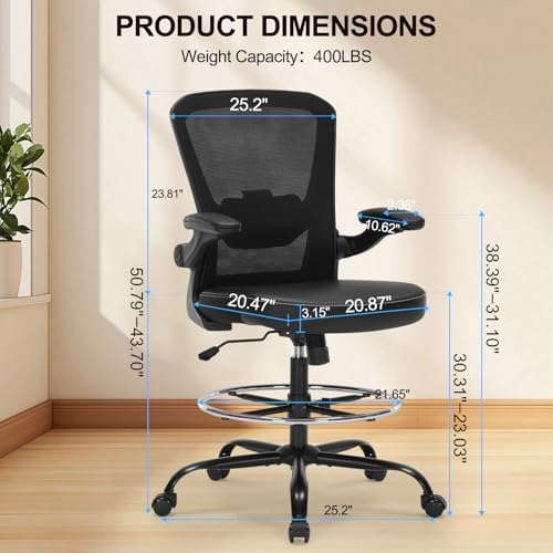 Drafting Chair Tall Office Chair with PU Leather Seat, 400lbs Ergonomic Standing Desk Chair with Lumbar Support,Counter Stool with Adjustable Footrest Ring & Flip-up Armrests,Black