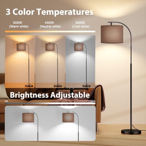 SIBRILLE Floor Lamp with Linen Shade, Arc Dimmable Tall Standing Lamp with Remote Control, Modern Floor Reading Light for Living Room Bedroom Office Corner, 9W LED Bulb Included