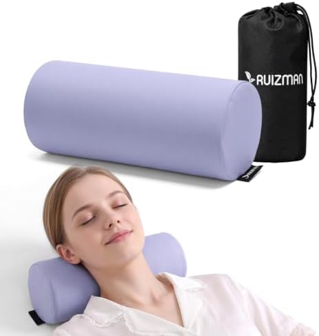 Travel Neck Roll Pillow, Memory Foam Round Pillow for Neck Support On the Go, Cylinder Bolster Pillow with Black Storage Bag, Cooling & Removable Cover, 11x4.5 Inches (Purple)